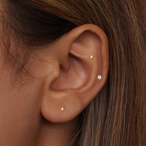 Flat Back Stud Cartilage Earrings Tragus Helix Piercing Jewelry Titanium | Conch Nose Piercing,Small Tiny Studs for Women,Threadless/Internally Threaded,Surgical Steel,Hypoallergenic,16G/18G/20G - color: Gold01-Star (6mm*2+8mm*1), size: Internally Threade