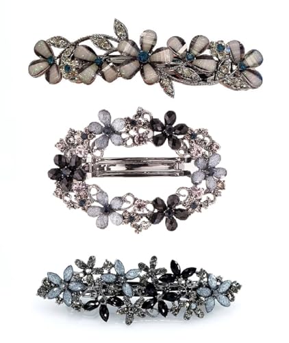 3PCS Fancy Barrettes for Women's Hair - 2.4" Small Sparkly Non-Slip Luxurious Flower Metal French Clasps Accessories for Thin Fine Hair - Women Girls