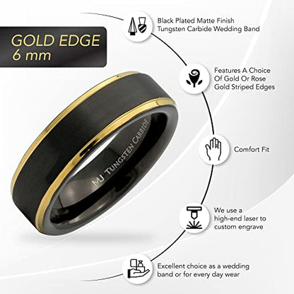 Tungsten Carbide Wedding Bands That Feature Different Finishes and Edge Colors - color: Black/Gold-6mm