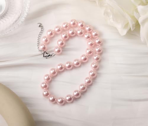 10mm Faux Pearl Necklace & Earrings Set, Elegant Jewelry for Women | Glass material, handmade product, Daily wear, Holiday gift - color: Pink
