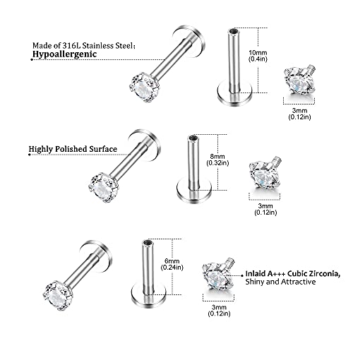 Helicopchain 20Pcs 16G Hypoallergenic Stainless Steel Lip Studs Labret Piercing With 3mm CZ Cartilage Tragus Helix Monroe Piercing Stud Jewelry 6mm 8mm 10mm - style: 10mm