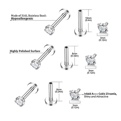 Helicopchain 20Pcs 16G Hypoallergenic Stainless Steel Lip Studs Labret Piercing With 3mm CZ Cartilage Tragus Helix Monroe Piercing Stud Jewelry 6mm 8mm 10mm - style: 10mm