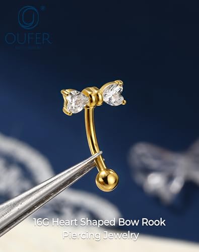 OUFER 16G Rook Earring Piercing Jewelry-316L Surgical Steel Pink Clear CZ Bow Eyebrow Rings, 6/8MM Curved Barbell Vertical Labret Lip Piercing Jewelry - color: Gold