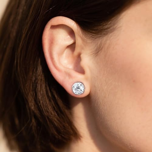 Round Cubic Zirconia Earrings Stud 8mm CZ Studs Earrings Hypoallergenic Princess Cut Earrings 925 Sterling Silver Post Studs Earrings for Women