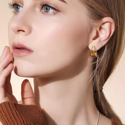 Flyonce Brown Earrings for Women, Sparkly Rhinestone Crystal Hypoallergenic Simple Dainty Small Triangle Drop Dangle Earring for Formal Summer Holiday - style: Clip-on