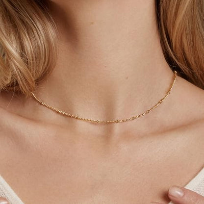 14K Gold Plated Chain Necklace for Women Trendy - 925 Sterling Silver Clasp | Waterproof Dainty Choker Necklace, 14/16/18/20 inch Thin Simple Box Figaro Chain Herringbone Necklace Jewelry for Women Men - color: Satellite