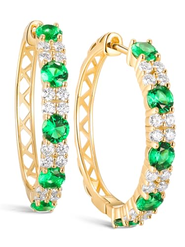 Women's Huggie Hoops with Birthstone 925 Sterling Silver Huggie Stud Hypoallergenic 14K Gold Plated Moissanite Earrings -Emerald Sapphire Ruby Hoop Earrings, Size 20 25mm - color: A -Emerald Gold, size: 20mm (0.78 Inch)