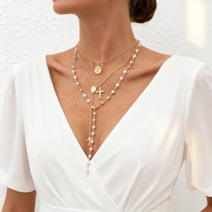 Layered Necklace for Women, Cross Pendant Y Necklace Set, 18K Gold Plated Dainty Stackable Jewelry Gift for Everyday Wear - style: 4PCS - J