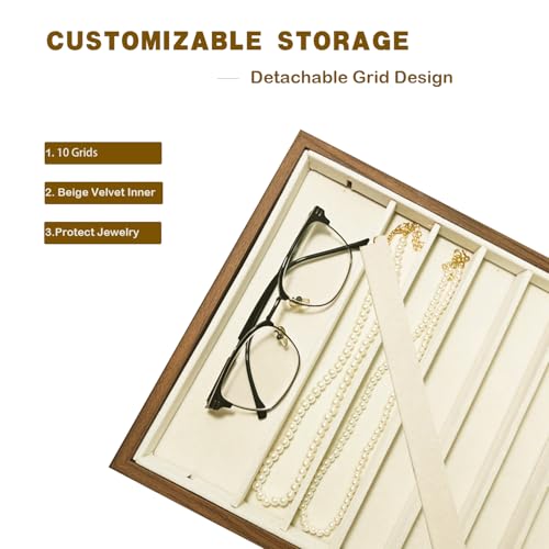 2 Pcs Large Velvet Jewelry Trays for Drawers Stackable Jewelry Drawer Organizer Inserts for Vendors Jewelry Display for Rings Necklace Bracelets Earrings and Studs Earrings (Beige, 2 Pcs 10 Grids)