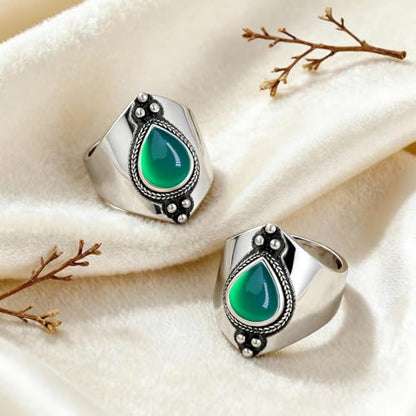 Natural Waterdrop Stone Wide Band Ring,Sterling Silver Genuine Teardrop Crystal Quartz Gemstone Statement Wide Chunky Full Finger Band Ring for Women - color: A04_Green Agate