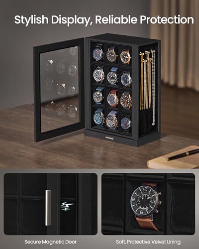 SONGMICS Watch Box 12 Slots with Glass Windows, 360° Rotating Vertical Watch Display Case, Jewelry Sunglasses Ring Storage, 10 Necklace Hooks, Removable Pillows, Velvet Lining, Ink Black UJWB028B01 - color: Ink Black, size: 12 Slot