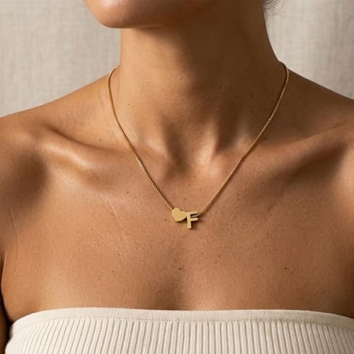 18K Real Gold Plated Heart Initial Necklace for Women-Personalized A-Z Letter Pendant on Durable Stainless Steel Box Chain (16+2.5 inch Adjustable) Hypoallergenic Everyday Jewelry Gift Boxed for Mom Wife - style: Gold:F