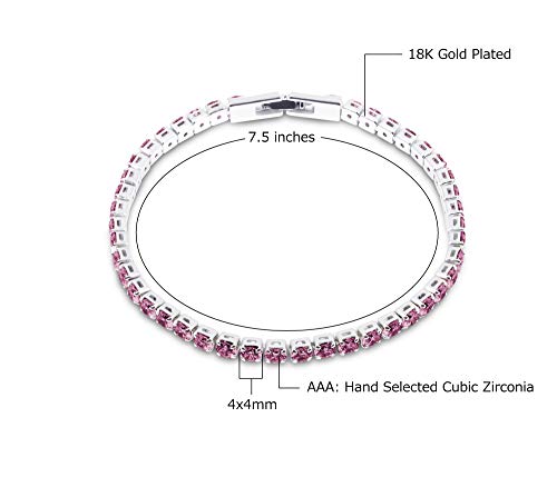 Savlano 14K Gold Plated Cubic Zirconia Round 4MM Classic Tennis Bracelet For Women - style: Pink