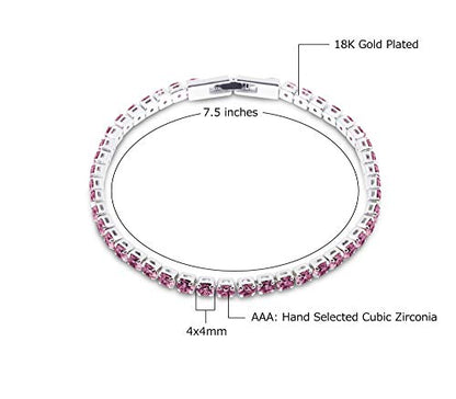 Savlano 14K Gold Plated Cubic Zirconia Round 4MM Classic Tennis Bracelet For Women - style: Pink