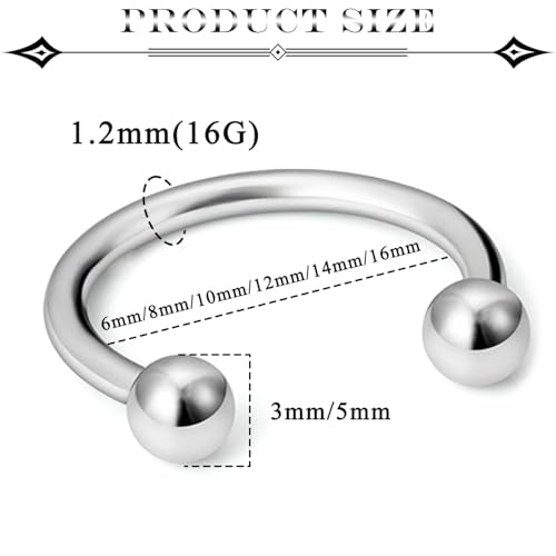 16G Septum Rings Surgical Steel Nose Septum Horseshoe Hoop Earring Eyebrow Tragus Helix Lip Piercing Jewelry Nipple Rings for Women Men 6mm 8mm 10mm 12mm 14mm 16mm - color: silvertone,ball+spike