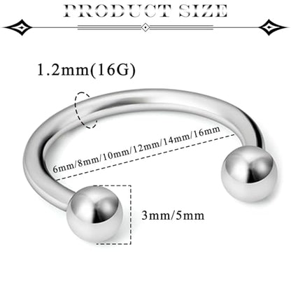 16G Septum Rings Surgical Steel Nose Septum Horseshoe Hoop Earring Eyebrow Tragus Helix Lip Piercing Jewelry Nipple Rings for Women Men 6mm 8mm 10mm 12mm 14mm 16mm - color: silvertone,ball+spike