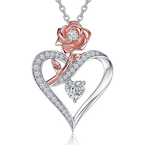 EleShow Moissanite Necklace for Women, Sterling Silver Rose Heart Pendant Necklace, Romantic & Ideal Jewelry Gift for Her on Birthday, Anniversary, Mothers Day