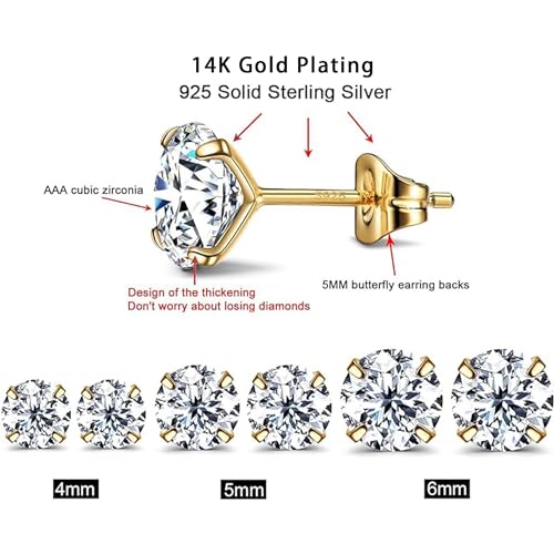 925 Sterling Silver Earrings, Cubic Zirconia Stud Earrings, Diamond Stud Earrings for Women - color: 14K Gold - 4mm, 5mm, 6mm