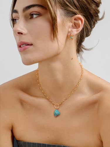 Aobei Pearl 18K Gold Plated Moon Star Lion Evil Eye Love Heart Cross Pendant Necklace Medallion Paperclip Chian Choker Layering Jewery for Women - color: Blue-green Irregular Turquoise