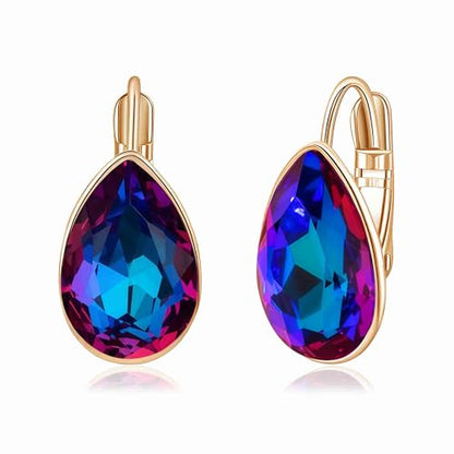 Austrian Crystal Teardrop Leverback Drop Earrings for Women | 14K Gold-Plated Finish, Sparkling Pear Stone, Smooth Bezel Frame, Secure Leverback Closure, Dainty Day-To-Evening Style - color: Blue-Violet