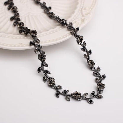 Austrian Crystal Rhinestone Choker Necklace Elegant Flower Leaf Chain Necklace Jewelry for Party Prom Costume Accessories for Women - color: Black Diamond-Jet