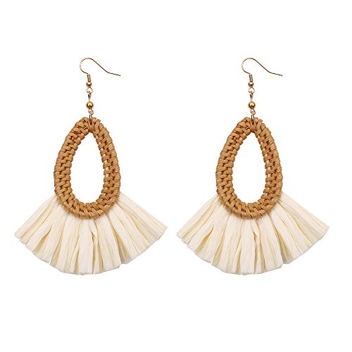 Bohemia Tassel Earrings Statement Handmade Dangle Ethnic Fringe Earrings Bamboo Weaving Geometric Square Sector Gifts for Women - color: waterdrop raffia