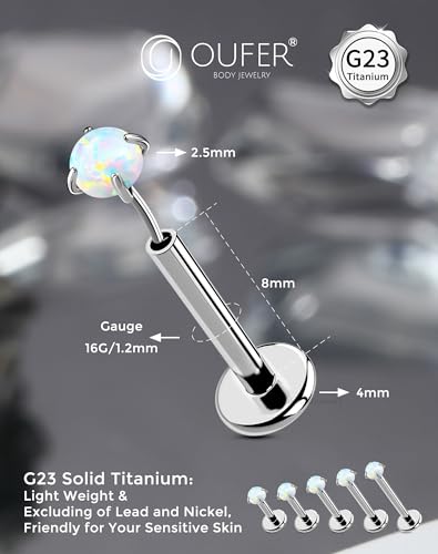 OUFER 2PCS 16G/20G Nose Lip Studs, G23 Solid Titanium Threadless Push in Nose Nostril Lip Labret Medusa Monroe Helix Cartilage Tragus Conch Lobe Piercing Jewelry for Women Men - color: Silver bar, Claw Opal, size: 2pcs, 16g 8mm, 2.5mm Opal
