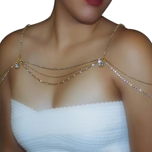 Rhinestone Tassel Shoulder Chain Necklace,Multi-Layered Rhinestone Shoulder Arm Chain Sexy Rave Crystal Fringe Back Chain Bridal Wedding Shoulder Body Jewelry for Women - color: Rhineston& silver