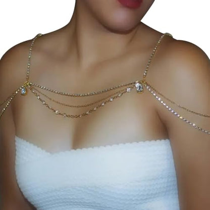 Rhinestone Tassel Shoulder Chain Necklace,Multi-Layered Rhinestone Shoulder Arm Chain Sexy Rave Crystal Fringe Back Chain Bridal Wedding Shoulder Body Jewelry for Women - color: Rhineston& silver