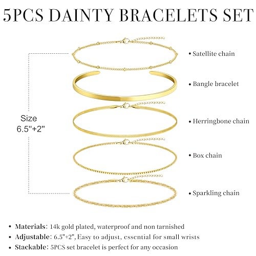 Dainty Gold Bracelet for Women Trendy Non Tarnish, Thin Bracelets Stackable Set with Bangle Cuff, Box, Herringbone, Paperclip, Figaro, Sparkling Link Chains Waterproof, Simple Jewelry Gifts for Women - color: style 01-gold