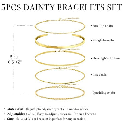 Dainty Gold Bracelet for Women Trendy Non Tarnish, Thin Bracelets Stackable Set with Bangle Cuff, Box, Herringbone, Paperclip, Figaro, Sparkling Link Chains Waterproof, Simple Jewelry Gifts for Women - color: style 01-gold
