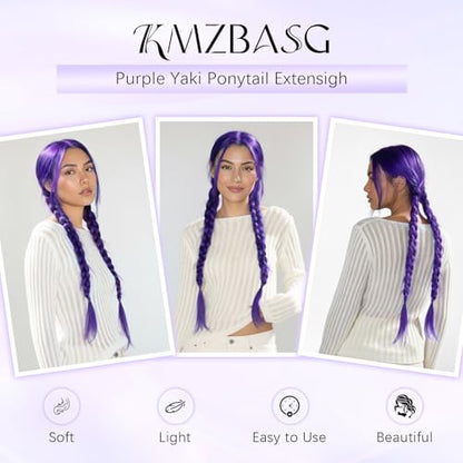 2 PCS Purple Ponytail Extension 26 Inch Yaki Straight Long Braided Ponytail Extension for Black Women and Girls 90g High Volume Synthetic Hairpieces for Everyday and Cosplay Includes 2 Ties and Clips - color: Purple
