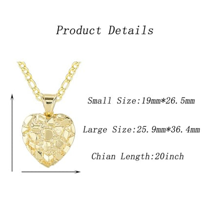 14k Gold Plated Rough Textured Cookie Nugget Heart Shape Charm Pendant Necklace For Women Men - size: Small(19 * 26.5mm）