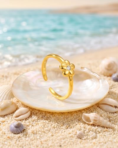 XAYAH 925 Sterling Silver Dainty Flower CZ Toe Ring for Women Daughter Mom | 14K Gold Plated Non Tarnish Stylish Toe Rings Waterproof Adjustable Summer Beach Party Foot Band Ring Wedding Jewelry Gifts - color: Gold