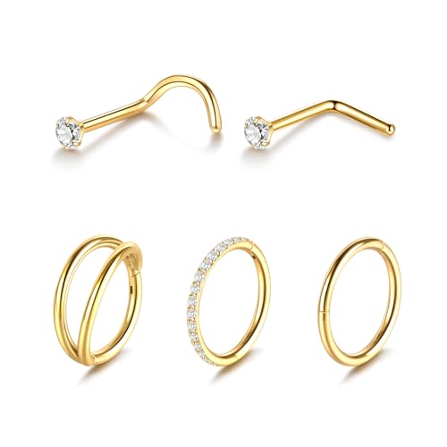 Xpircn 5pcs Hoop Nose Rings and L Shaped Nose Rings Stud Set 18G/20G Stainless Steel CZ Helix Conch Daith Tragus Cartilage Hoop Earrings for Women 6mm 7mm 8mm 10mm - color: Gold, size: 18G, 8mm hoop & 7mm studs