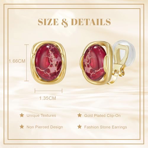 YOQUCOL Natural Stone Trendy Clip On Stud Earrings for Women Gold Plated Non Pierced Statement Earrings Fashion Jewelry - color: Oval-Red