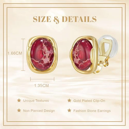 YOQUCOL Natural Stone Trendy Clip On Stud Earrings for Women Gold Plated Non Pierced Statement Earrings Fashion Jewelry - color: Oval-Red