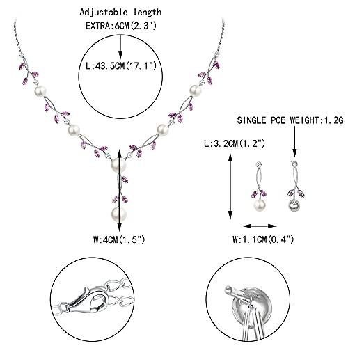EVER FAITH Cubic Zirconia Pearl Leaf Vine Wedding Jewelry Set for Bride | Crystal Filigree Bridal Necklace Earrings, for Women Bridesmaid - color: 2pcs_Purple Silver-Plated-Brass
