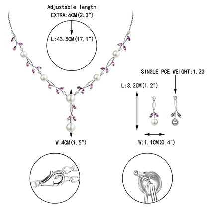 EVER FAITH Cubic Zirconia Pearl Leaf Vine Wedding Jewelry Set for Bride | Crystal Filigree Bridal Necklace Earrings, for Women Bridesmaid - color: 2pcs_Purple Silver-Plated-Brass