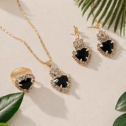 Jewelry Set for Women Love Heart Alloy Artificial Crystal Earrings Pendant Necklace Ring Wedding Party Prom Anniversary Birthday Engagement for Bridal Bridesmaid Girlfriend - color: black Heart