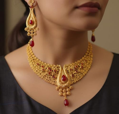 Touchstone Indian Bollywood Traditional Craftsmanship Mughal Designer Jewelry Wedding Necklace Set in Antique Gold Or White Tone for Women. - style: D454 Red