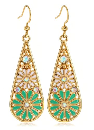 Bohemian Crystal Teardrop Dangle Earrings, Copper, Tribal Geometric Design, Handmade National Style for Women - color: Emerald green