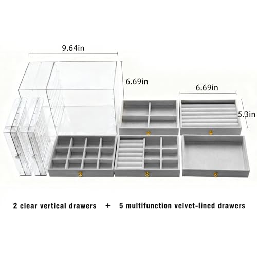 grey Jewelry Box Organizer, Transparent Acrylic Case with Velvet-Lined 5 drawers and 2 side drawers, Versatile Compartments for Earrings, Rings, Necklaces, Bracelets - color: Grey