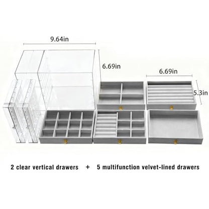 grey Jewelry Box Organizer, Transparent Acrylic Case with Velvet-Lined 5 drawers and 2 side drawers, Versatile Compartments for Earrings, Rings, Necklaces, Bracelets - color: Grey