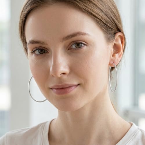 925 Sterling Silver Hoop Earrings Lightweight Endless Thin Silver Hoop Earrings 50mm Big Hoops Earring for Women
