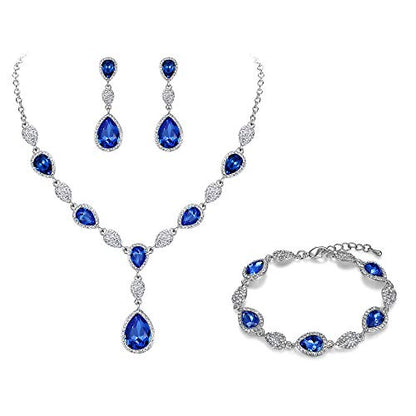 EleQueen Women's Wedding Bridal Jewelry Sets for Brides Bridesmaids, Cubic Zirconia Teardrop Necklace Tennis Bracelet Dangle Earrings Jewellery Set - color: 02-Sapphire Color Clear-Tone