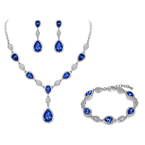 EleQueen Women's Wedding Bridal Jewelry Sets for Brides Bridesmaids, Cubic Zirconia Teardrop Necklace Tennis Bracelet Dangle Earrings Jewellery Set - color: 02-Sapphire Color Clear-Tone