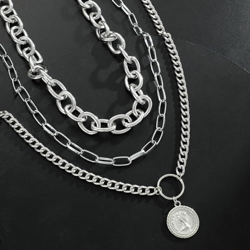 Layered Necklace Set Women - Cuban Paperclip Coin Pendant Silver | 3 pcs chunky stackable set, Trendy toggle clasp, Mixed link texture, Coin charm detail, Perfect layered jewelry gift - color: Silver
