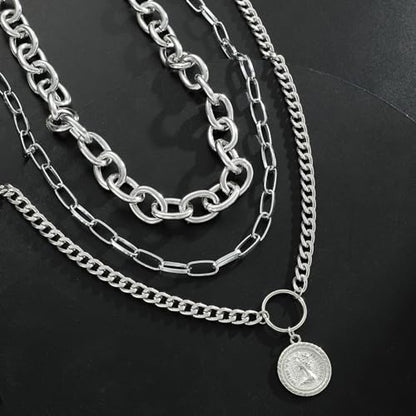 Layered Necklace Set Women - Cuban Paperclip Coin Pendant Silver | 3 pcs chunky stackable set, Trendy toggle clasp, Mixed link texture, Coin charm detail, Perfect layered jewelry gift - color: Silver