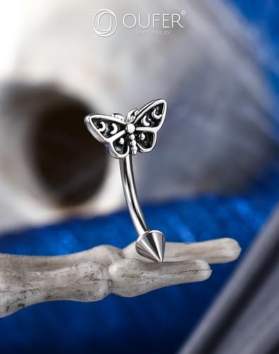 OUFER Halloween Moth Rook Eyebrow Piercing Jewelry, 316L Surgical Steel Rook Earrings for Women Men, Spooky Eyebrow Rings, 16G Curved Barbells, Halloween Body Piercing Jewelry-8mm